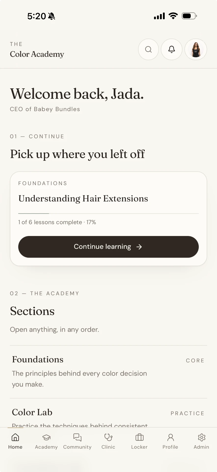Color Academy mobile home screen